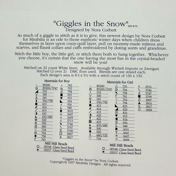 Mirabilia SNOW ANGEL Cross Stitch Pattern Chart "Giggles in the Snow" BOY GIRL - Picture 4 of 8